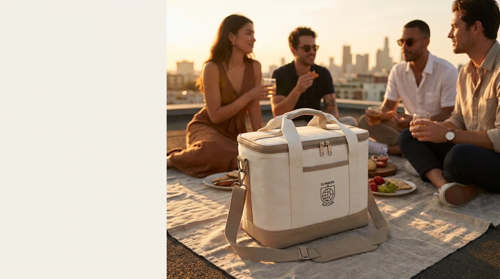 Custom branded cooler bag at a rooftop gathering
